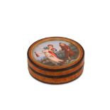 An early 19th century burr yew wood and inset miniature painting erotica snuffbox, English circa