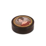 A Victorian tortoiseshell portrait inset double box, English circa 1840 Circular form, the lid off