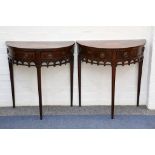 A pair of inlaid Dutch mahogany demi-lune side tables, mid-19th century, both with oval fanned