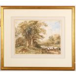 James Price (fl.1842-76), 'Wooded landscape with Sheep, Dog, and Shepherd', watercolour, signed