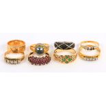 A collection of rings, set with various gemstones and cultured pearls, four with UK hallmarks for