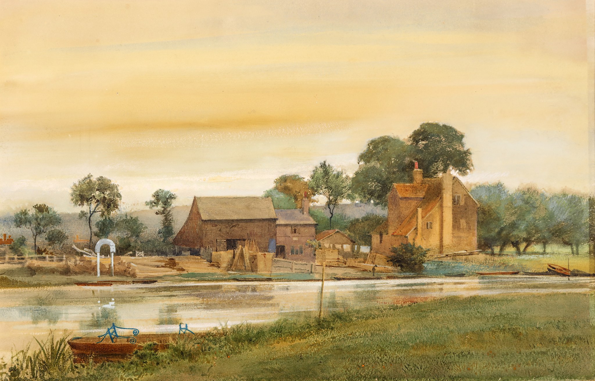 *** WITHDRAWN *** Edward H Fahey (1844-1907), 'A Ferry & Inn on the Thames', watercolour with