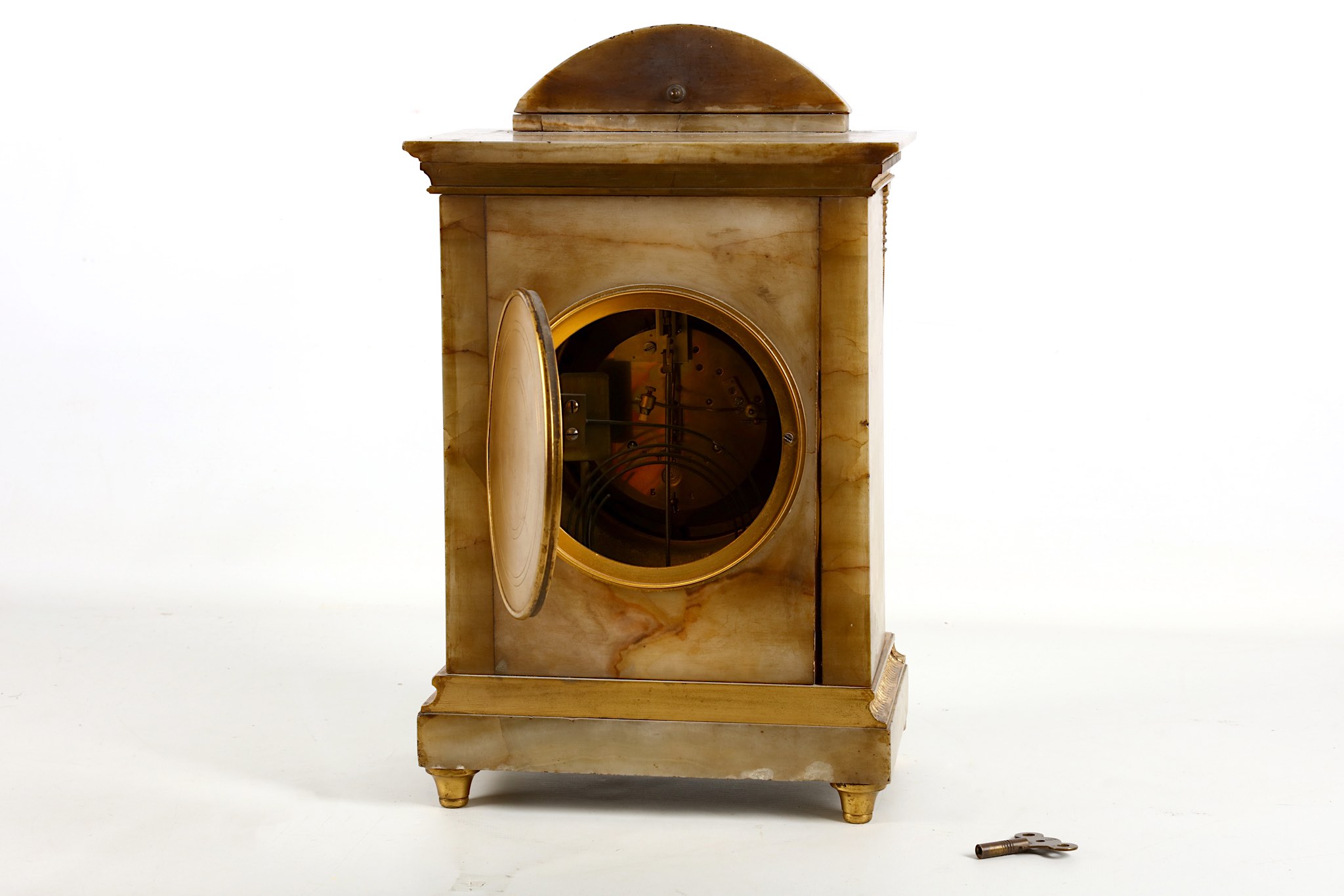 A French gilt bronze mounted alabaster mantel clock, 19th Century, the floral tablet, paterae column - Image 2 of 2