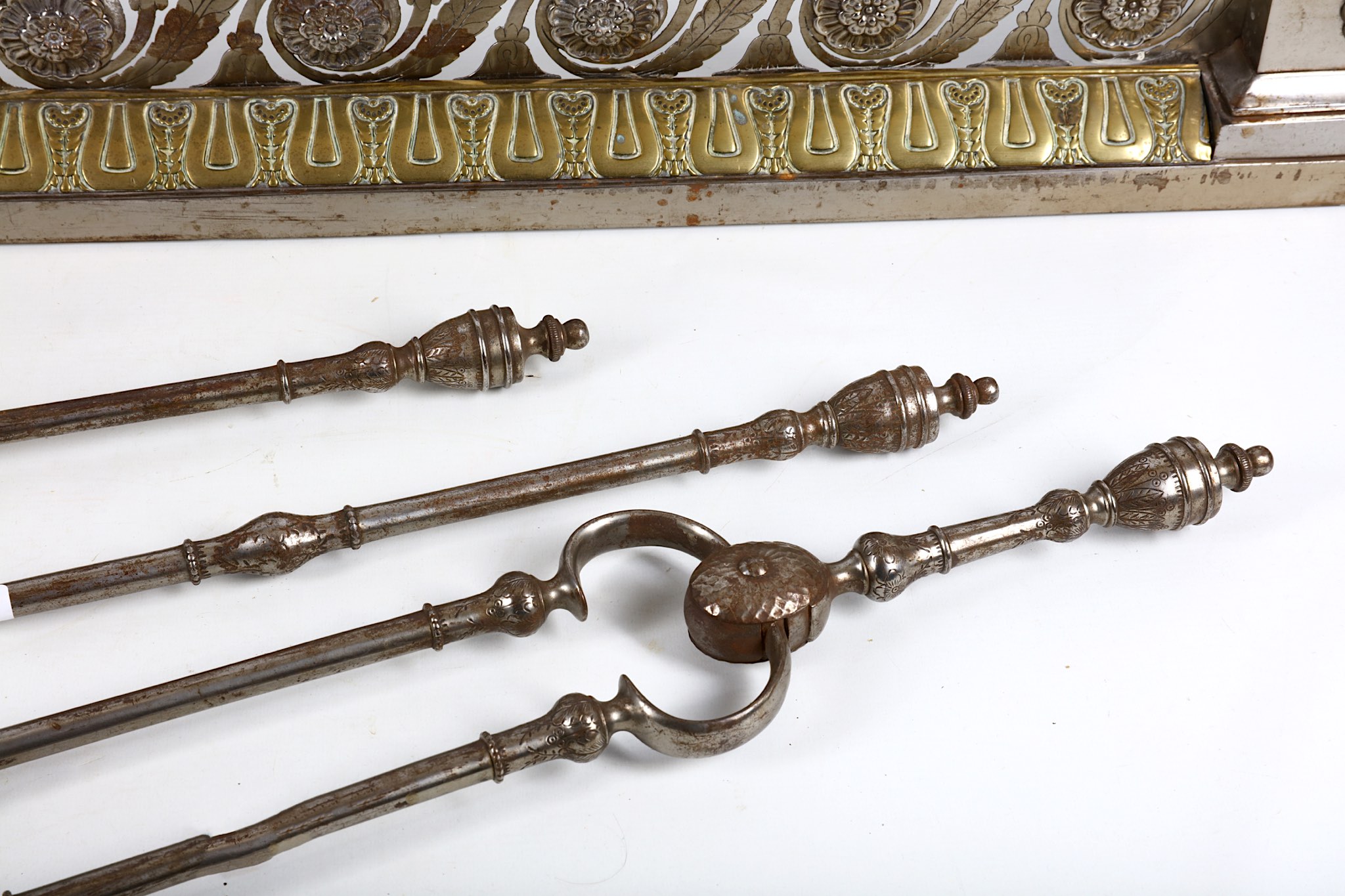 A set of three steel fire implements, 19th century, the knopped stems with urn finials; together - Image 3 of 3