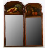 A near pair of walnut Trumeau wall mirrors, in 18th century style, each painted with a still life of