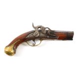 A Continental pocket percussion cap pistol, early 19th Century, with an oak stock, a chased brass