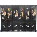 A Chinese soapstone inlaid 'ladies' black lacquer six-panel screen, first half 20th Century (6)