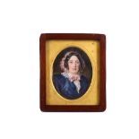 EDWARD W. HATTON (BRITISH fl.1845-1859) Portrait miniature of Mrs Stephen Plum, in blue dress, white