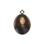 ENGLISH SCHOOL (c.1690) Portrait miniature of a Gentleman wearing blue cloak with gold embroidery, a