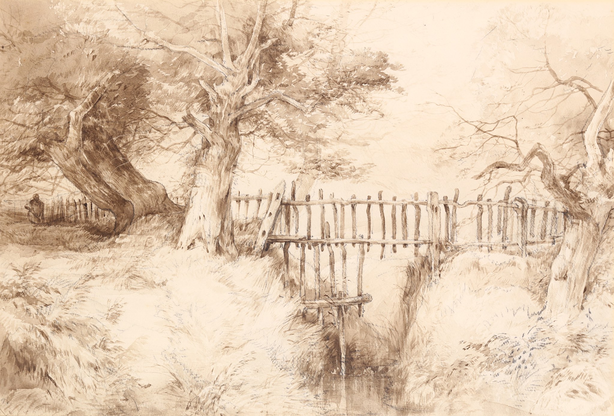 JOHN MIDDLETON (BRITISH 1827-1856) At Gunton Park Monogrammed lower left Sepia wash with pencil 33 x