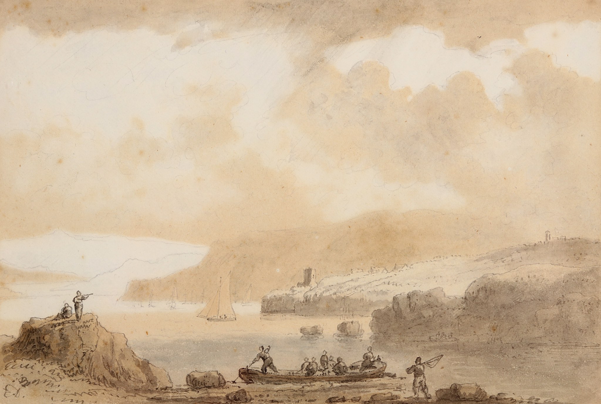 ANTHONY T. DEVIS (BRITISH 1729-1816) Fowey Harbour Pen and ink with wash Monogrammed lower left