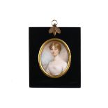 ENGLISH SCHOOL (c.1810) Portrait miniature of a lady in white dress with upswept curling fair