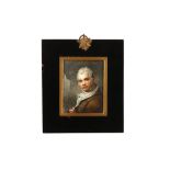 ENGLISH SCHOOL (c.1805) Portrait miniature, self-portrait of an artist, in brown coat, white