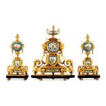 A LATE 19TH CENTURY GILT BRONZE AND SEVRES STYLE PORCELAIN CLOCK GARNITURE the clock case surmounted