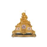 A LARGE MID 19TH CENTURY FRENCH GILT BRONZE AND PINK SEVRES PORCELAIN FIGURAL MANTEL CLOCK the
