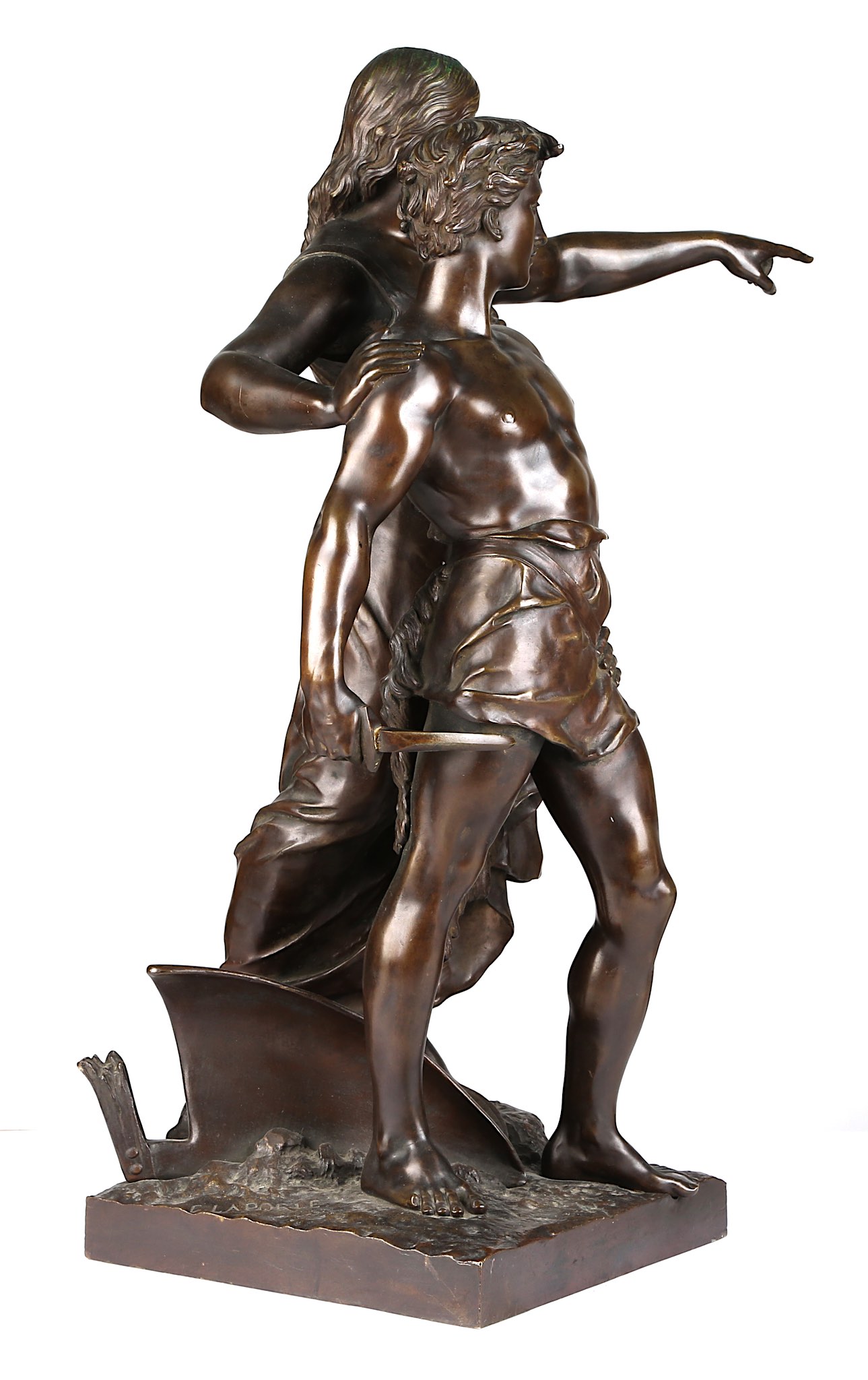 EMILE LAPORTE (FRENCH, 1858-1907): A LARGE BRONZE FIGURAL GROUP OF A MALE AND FEMALE the semi-clad - Image 6 of 11