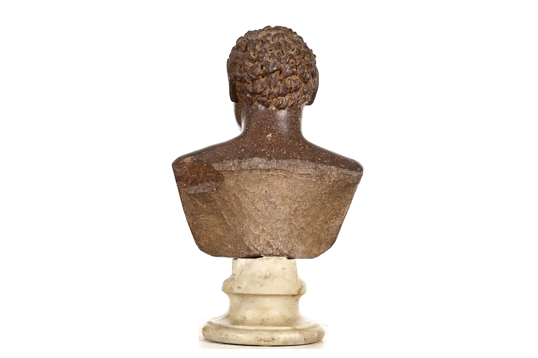 AN ITALIAN CARVED PORPHYRY BUST OF A YOUNG SATYR, PROBABLY 17TH CENTURY depicted all' antica with - Image 4 of 4