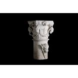 A 15TH / 16TH CENTURY ITALIAN RENAISSANCE CARVED STONE COLUMN CAPITAL each corner carved with a