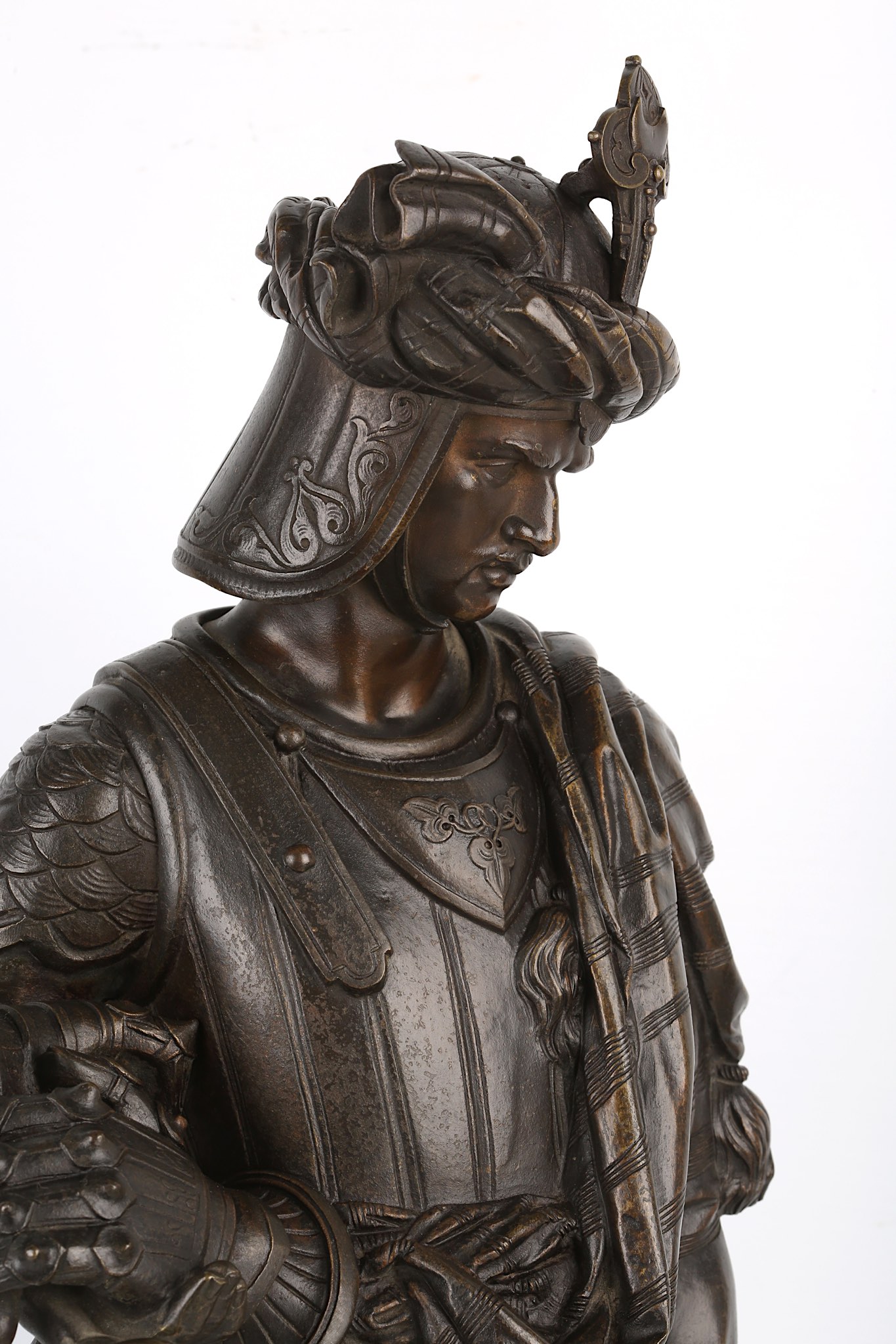 A LATE 19TH CENTURY FRENCH BRONZE FIGURE OF A MEDIEVAL WARRIOR Standing a contra-posto and holding - Image 6 of 13