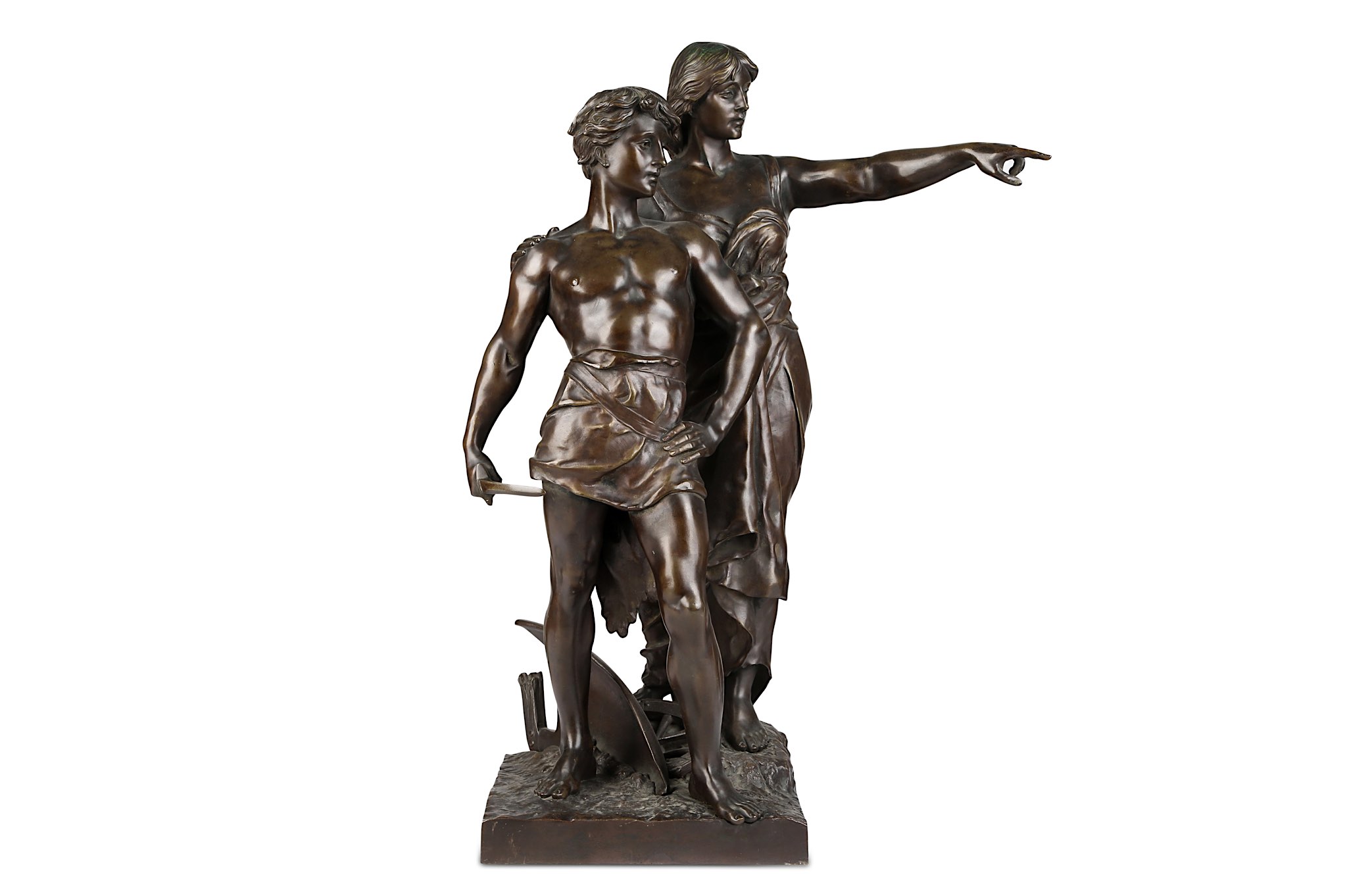 EMILE LAPORTE (FRENCH, 1858-1907): A LARGE BRONZE FIGURAL GROUP OF A MALE AND FEMALE the semi-clad