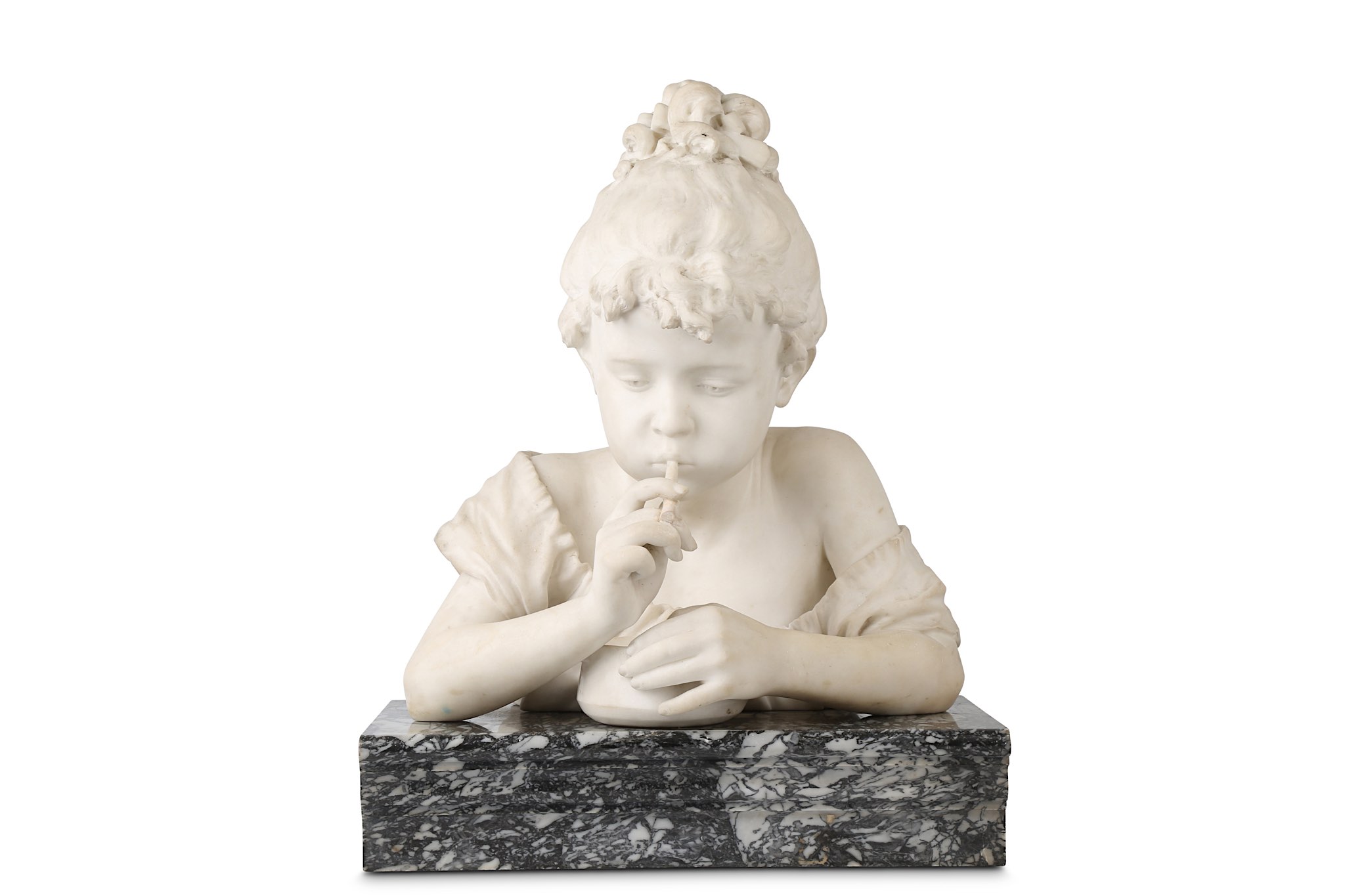 LOT TORELLI (ITALIAN, 1835-1896): 'SOAP BUBBLES', A MARBLE FIGURE OF A GIRL BLOWING BUBBLES ON A - Image 3 of 9