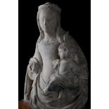 A LATE GOTHIC, 15TH CENTURY FRENCH LIMESTONE HALF LENGTH FIGURE OF THE VIRGIN AND CHILD the Virgin