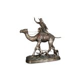 A LARGE LATE 20TH CENTURY PATINATED AND COLD PAINTED, ORIENTALIST BRONZE OF AN ARAB RIDING A CAMEL