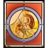 A 17TH CENTURY STAINED AND LEADED GLASS PANEL DEPICTING DOUBTING THOMAS of circular form, within a