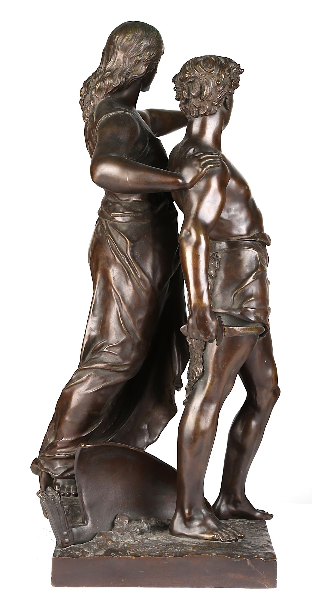EMILE LAPORTE (FRENCH, 1858-1907): A LARGE BRONZE FIGURAL GROUP OF A MALE AND FEMALE the semi-clad - Image 7 of 11