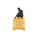 A FINE EARLY 19TH CENTURY FRENCH GILT AND PATINATED BRONZE FIGURAL MANTEL CLOCK DEPICTING THE