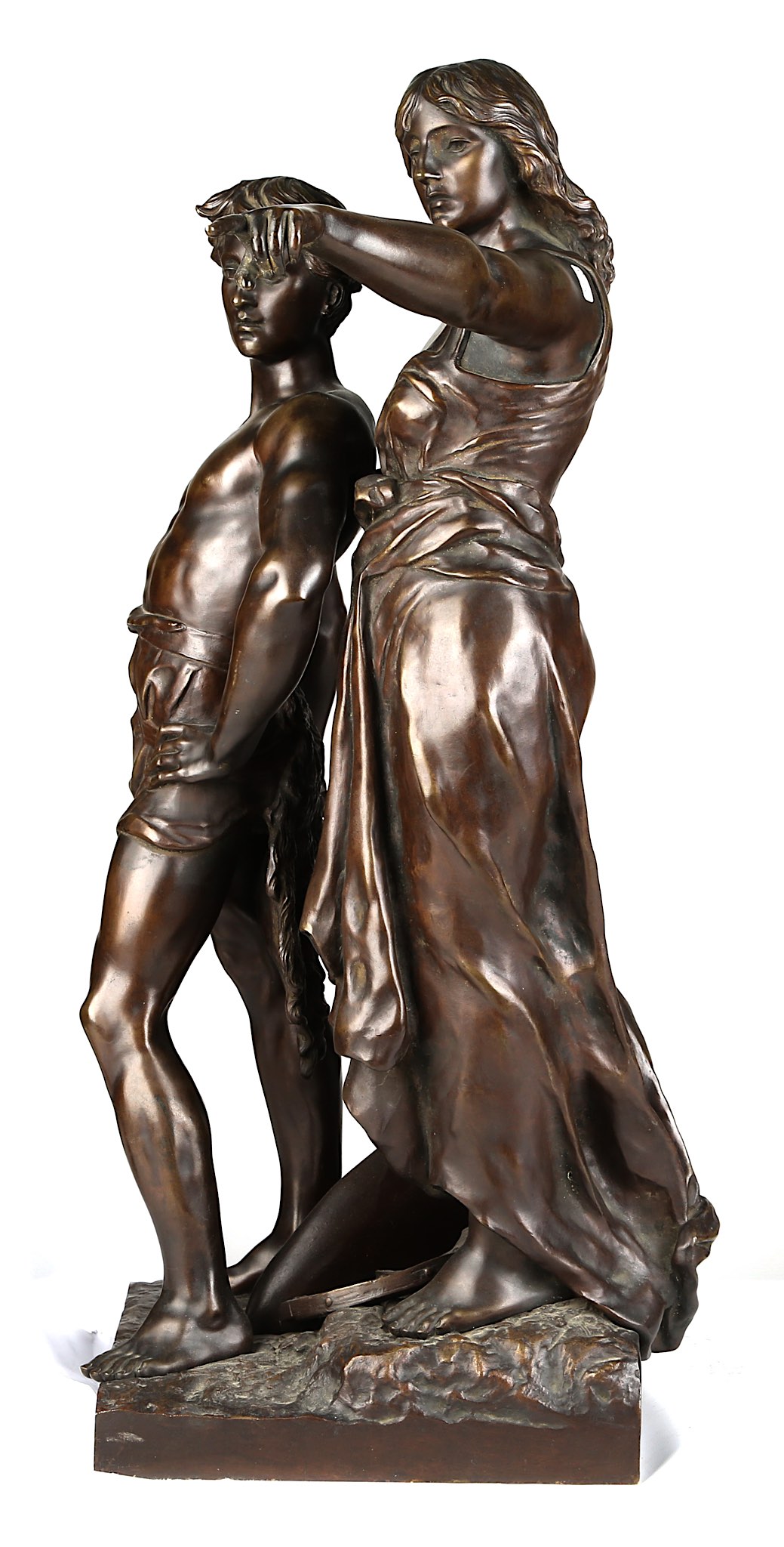 EMILE LAPORTE (FRENCH, 1858-1907): A LARGE BRONZE FIGURAL GROUP OF A MALE AND FEMALE the semi-clad - Image 9 of 11