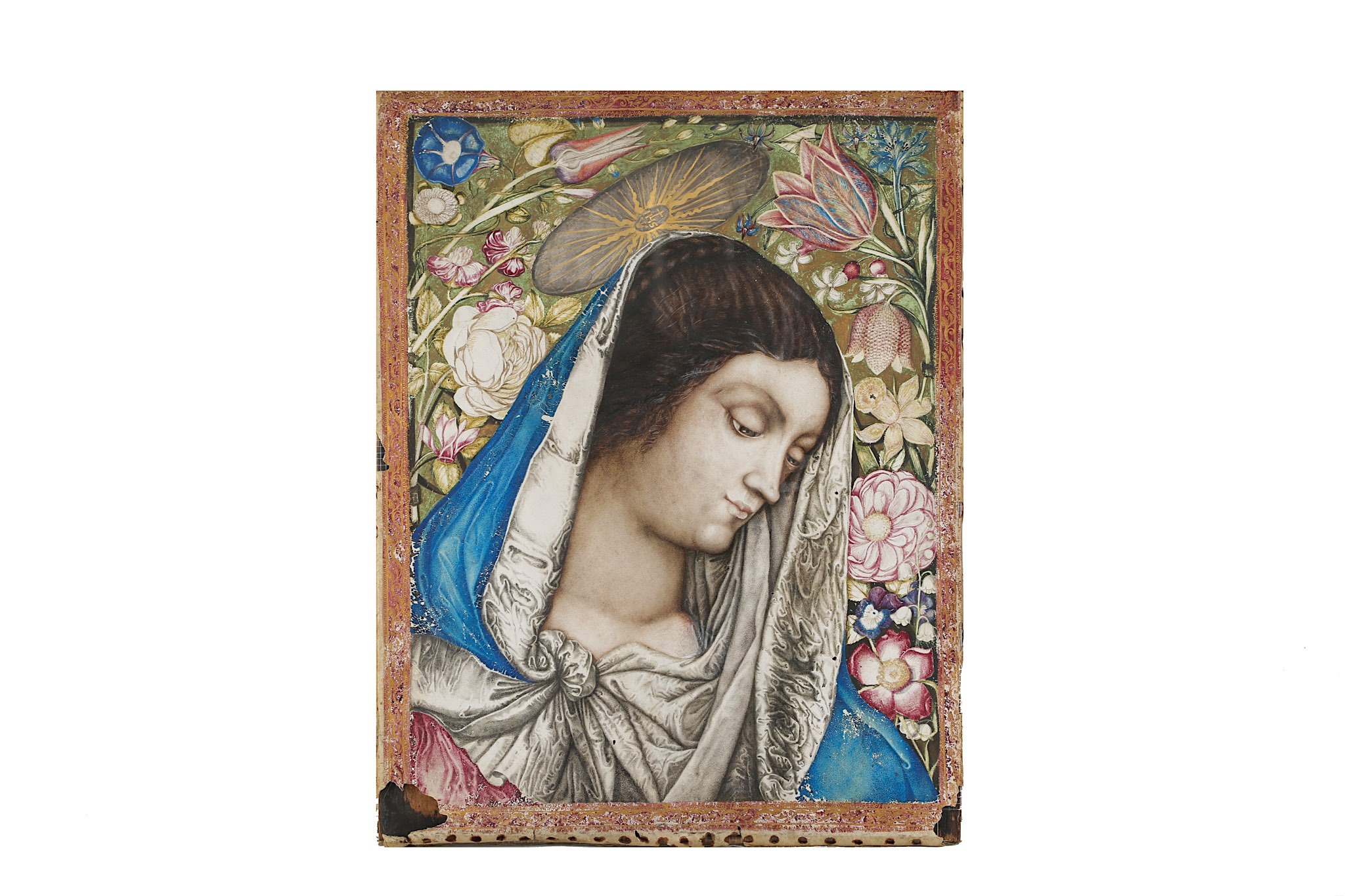 A PAINTED AND GILT DECORATED VELLUM PANEL DEPICTING THE VIRGIN, PROBABLY LATE 18TH / 19TH CENTURY