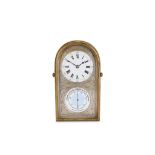 A LATE 19TH CENTURY FRENCH LACQUERED BRASS DESK CLOCK WITH BAROMETER the case or arched form, with