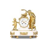 A LATE 19TH CENTURY FRENCH GILT BRONZE AND WHITE MARBLE FIGURAL MANTEL CLOCK  SIGNED CAUSARD A PARIS