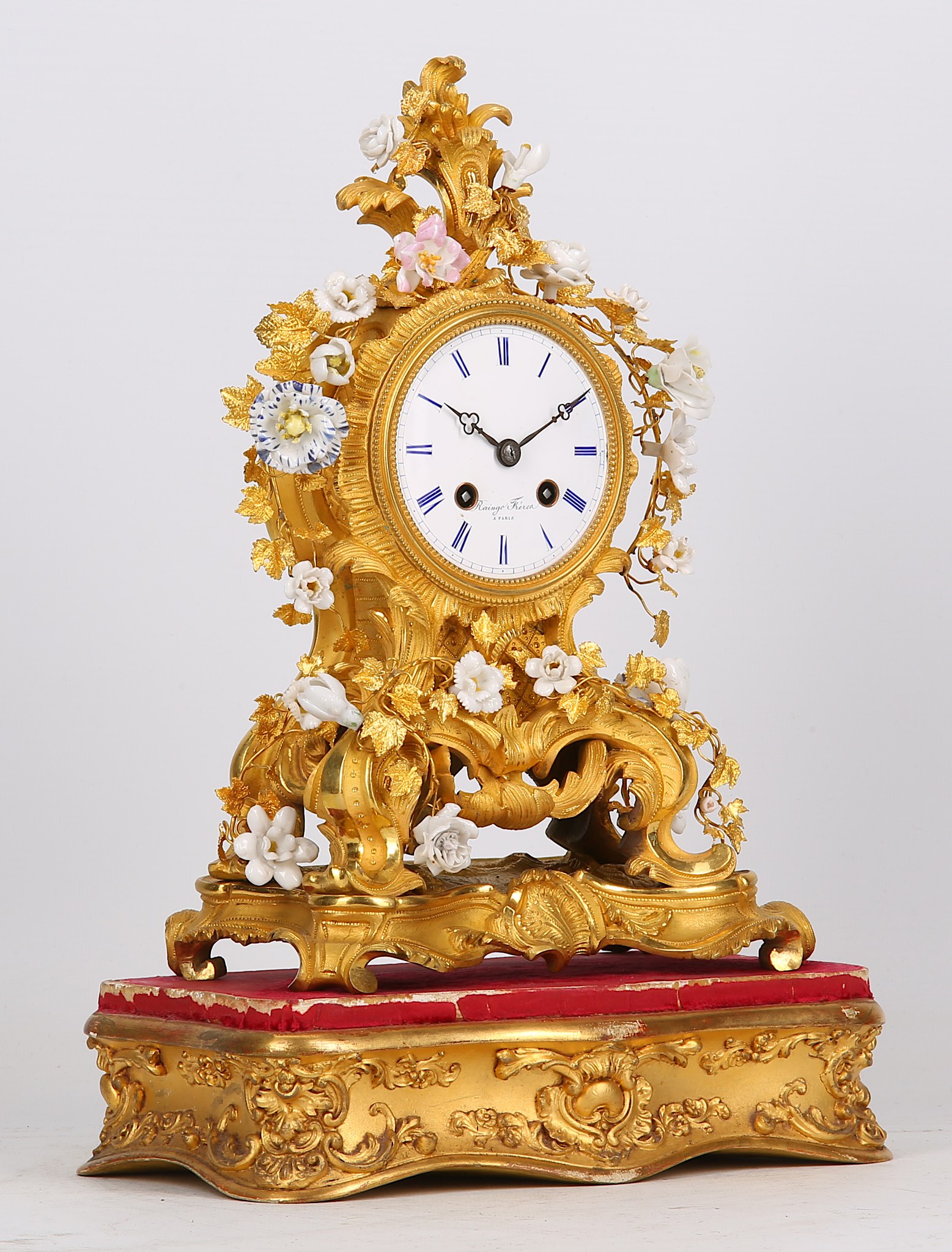 A MID 19TH CENTURY FRENCH GILT BRONZE AND PORCELAIN MOUNTED MANTEL CLOCK BY RAINGO FRERES, PARIS the - Image 5 of 9