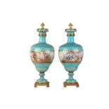 A FINE PAIR OF LATE 19TH CENTURY SEVRES STYLE GILT BRONZE MOUNTED 'JEWELLED' TURQUOISE PORCELAIN