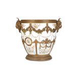 A 19TH CENTURY SEVRES STYLE PORCELAIN AND GILT BRONZE MOUNTED JARDINIERE / CACHEPOT MARKED '