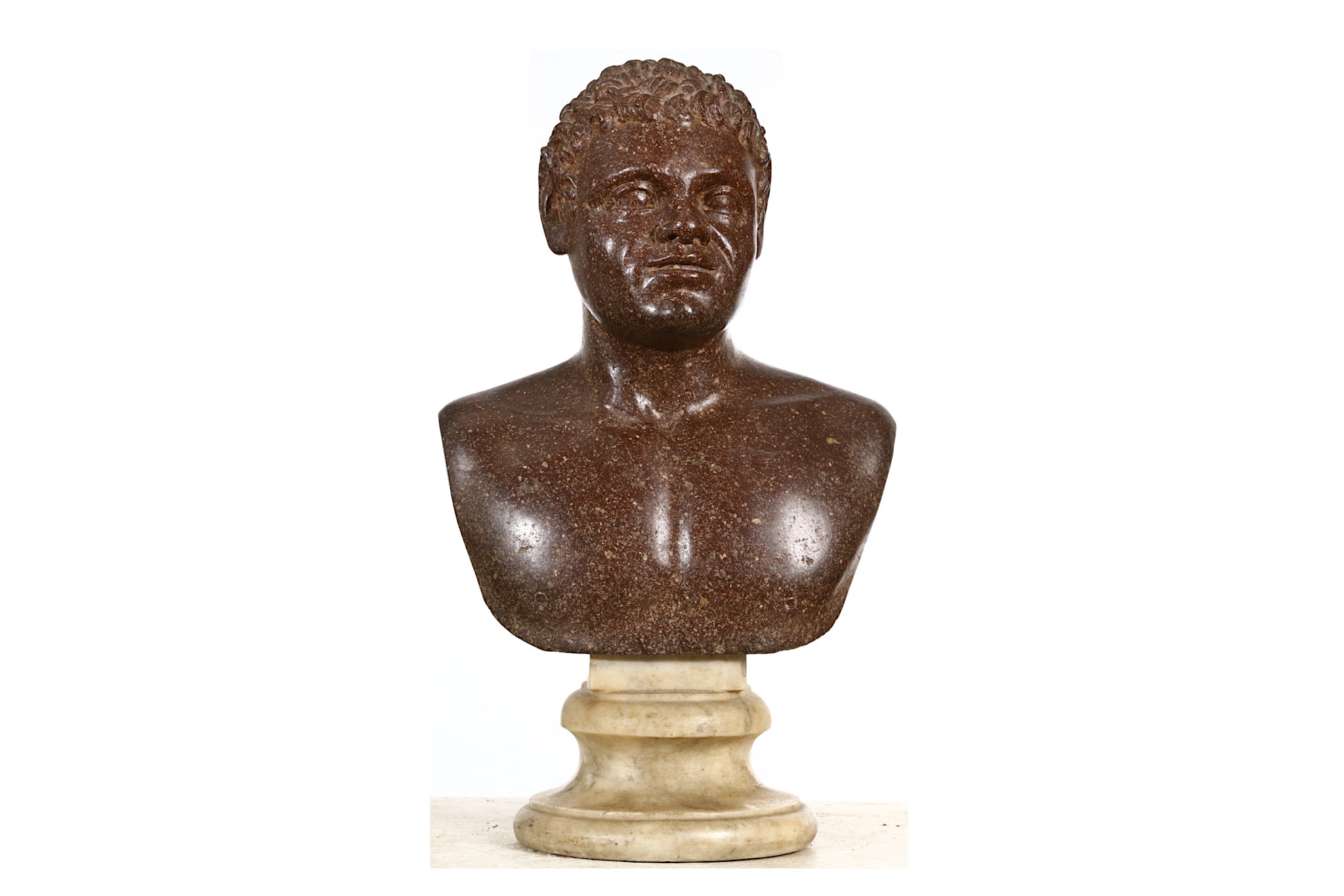 AN ITALIAN CARVED PORPHYRY BUST OF A YOUNG SATYR, PROBABLY 17TH CENTURY depicted all' antica with - Image 2 of 4