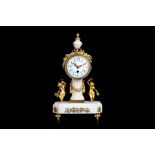 A LATE 19TH CENTURY FRENCH WHITE MARBLE AND GILT BRONZE MOUNTED MANTEL CLOCK the drum case