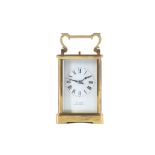 A LATE 19TH CENTURY LACQUERED BRASS CARRIAGE CLOCK WITH PUSH REPEAT the corniche case with swing