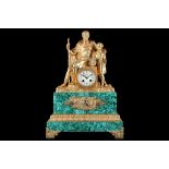 A 19TH CENTURY FRENCH EMPIRE STYLE GILT BRONZE AND MALACHITE MANTEL CLOCK surmounted by a figural