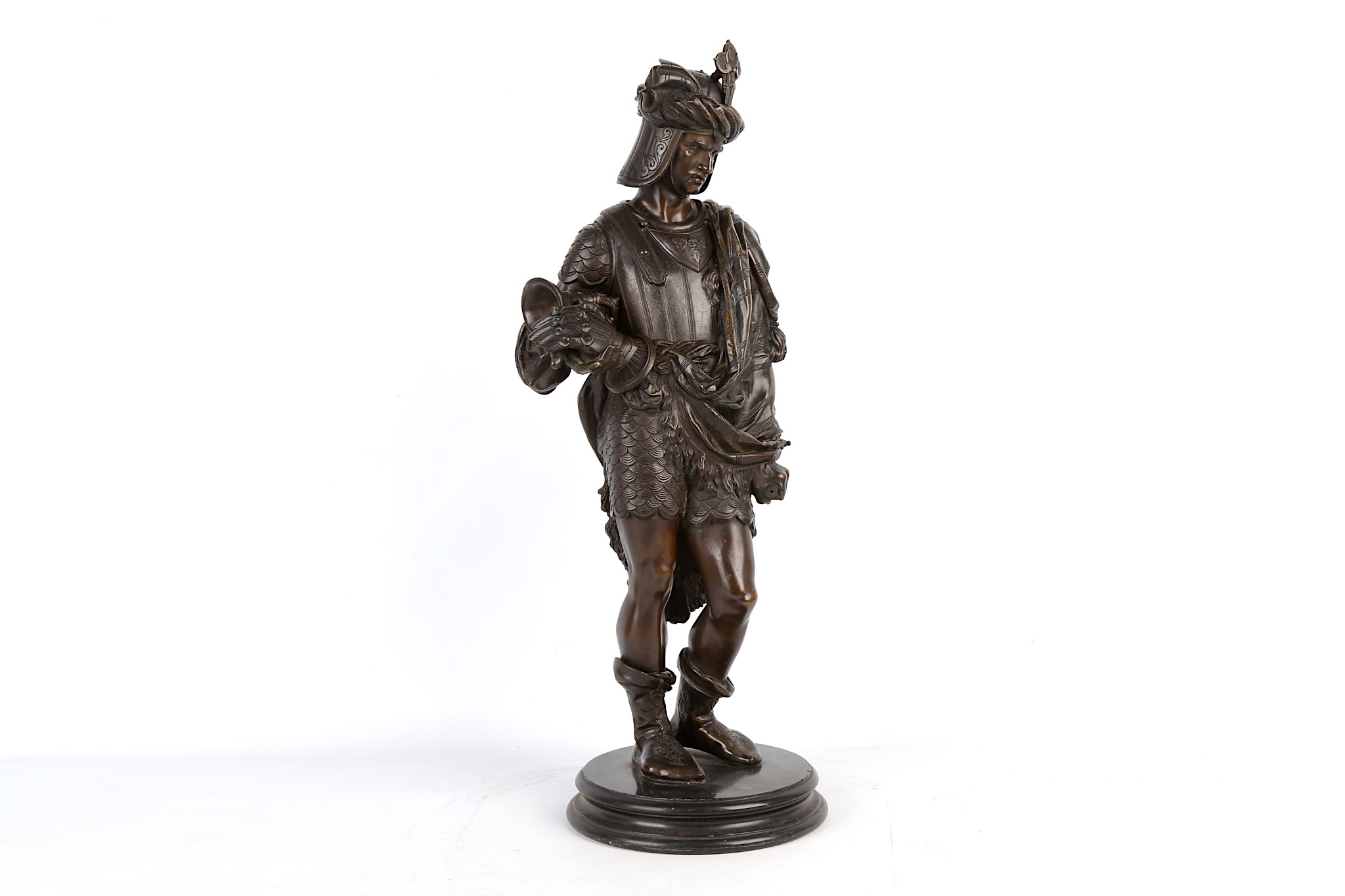 A LATE 19TH CENTURY FRENCH BRONZE FIGURE OF A MEDIEVAL WARRIOR Standing a contra-posto and holding - Image 2 of 13