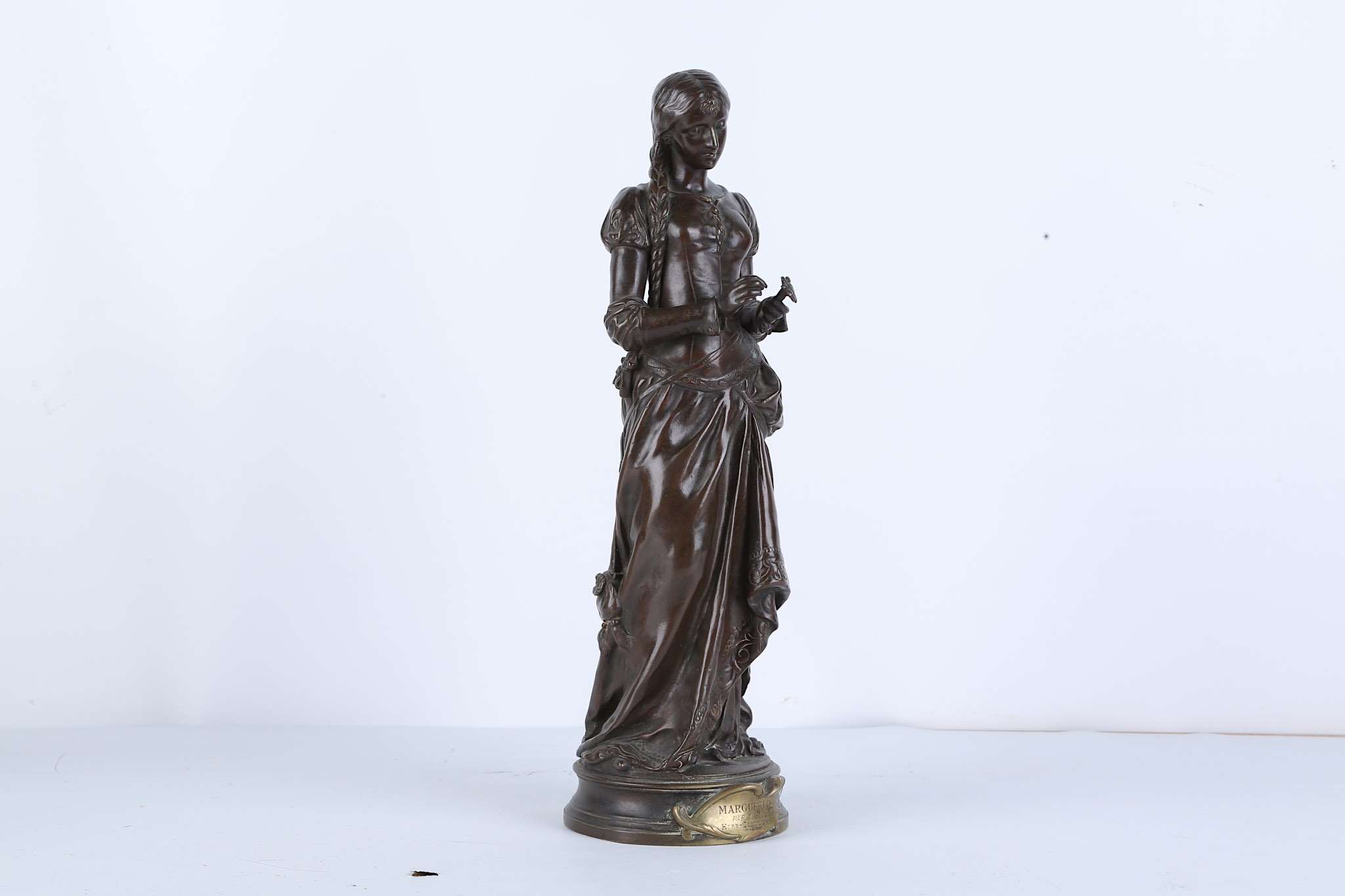 ADRIEN-ETIENNE GAUDEZ (FRENCH, 1845-1902): A BRONZE FIGURE OF A MAIDEN 'MARGUERITE' the standing - Image 2 of 8