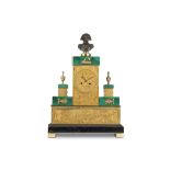 AN EARLY 19TH CENTURY FRENCH EMPIRE PERIOD GILT BRONZE AND MALACHITE MOUNTED MANTEL CLOCK  the