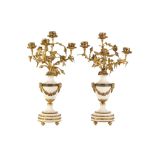 A PAIR OF LATE 19TH CENTURY GILT BRONZE, WHITE MARBLE AND PASTE SET FLORAL CANDELABRA in the Louis