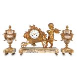 A LATE 19TH / EARLY 20TH CENTURY FRENCH GILT METAL AND MARBLE FIGURAL CLOCK GARNITURE modelled as