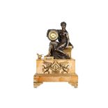 A VERY LARGE EARLY 19TH CENTURY FRENCH EMPIRE PERIOD SIENNA MARBLE, GILT AND PATINATED BRONZE