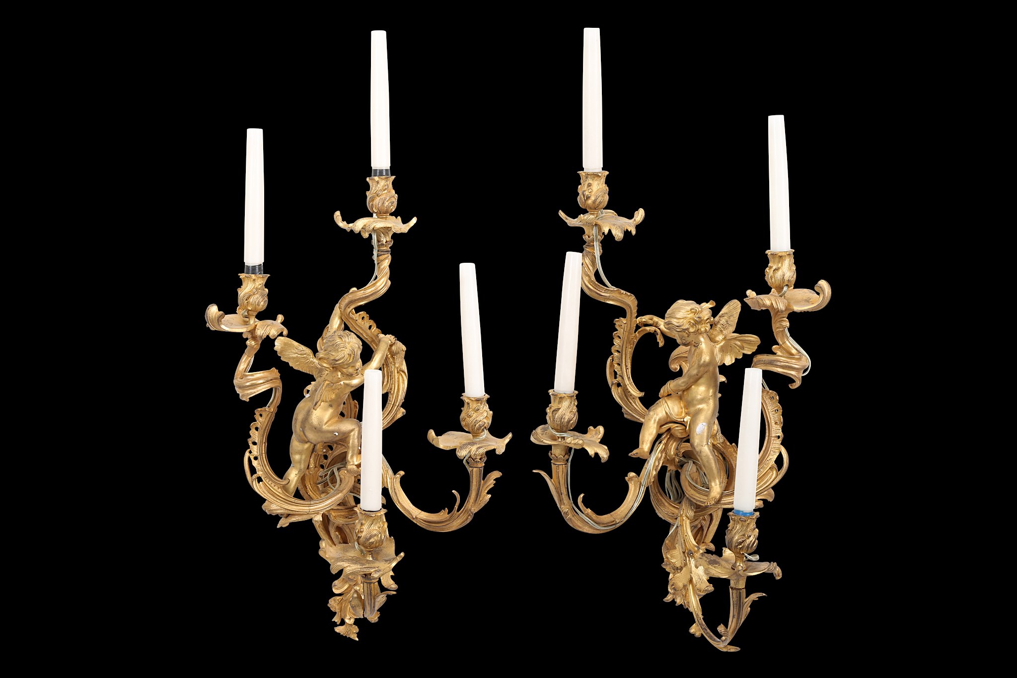 A LARGE AND IMPRESSIVE PAIR OF 19TH CENTURY FRENCH GILT BRONZE FIGURAL WALL LIGHTS IN THE ROCOCO