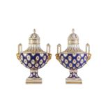 A PAIR OF LATE 19TH CENTURY SEVRES STYLE PORCELAIN VASES AND COVERS of urn form, each with a