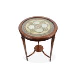 A LATE 19TH CENTURY MAHOGANY AND GLASS BEAD-WORK OCCASIONAL TABLE the top decorated with a design in